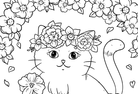 Flower Crown Cat Colouring Sheet